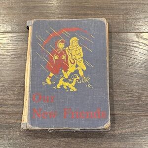 Our New Friends Vintage Blue Cloth Hardcover Book with Red & Yellow Illustration